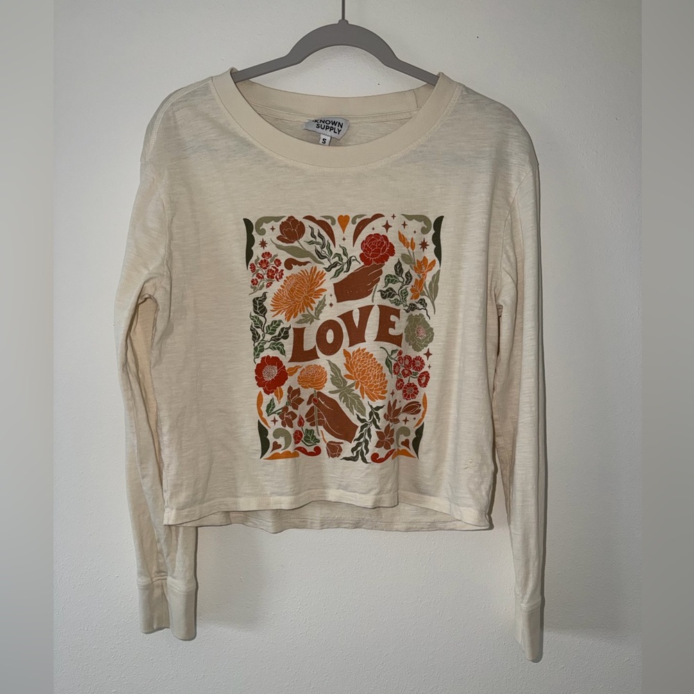 KNOWN SUPPLY Floral Boho Love Cream Organic Cotton Long sleeve size small - Picture 2 of 8